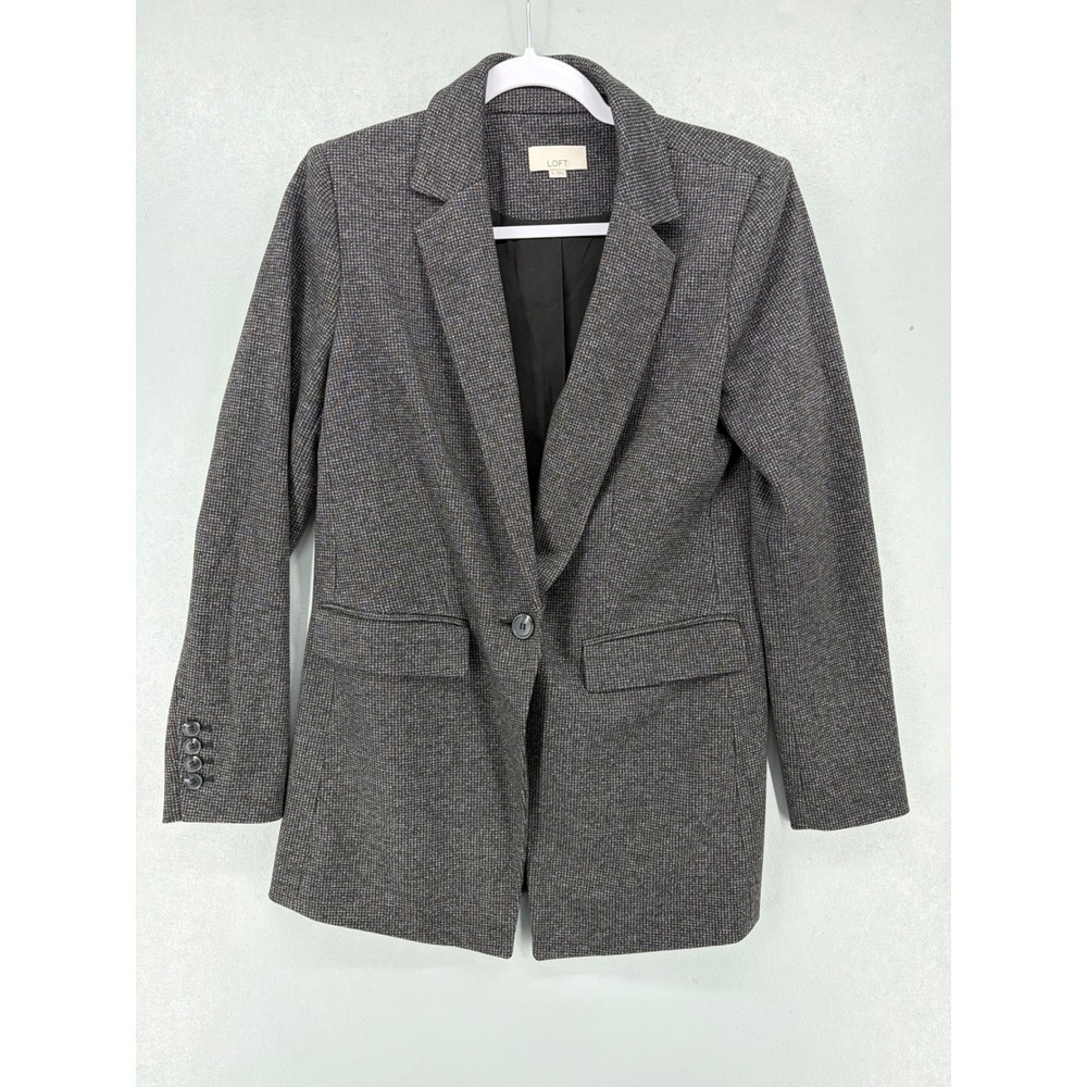 LOFT Womens Blazer Gray Black Micro Check Textured One Button‎ 4 - Picture 2 of 5